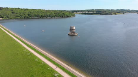 Bewl-Water-reservoir-draw-off-tower-and-overflow-tower-sunny-day-aerial