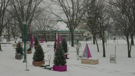 Leerer-Winterpark-Mit-Kleinen-Weihnachtsbäumen-Lila-Kegeln-Und-Straßenlaterne