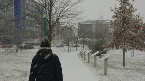 Woman-in-Black-Winter-Coat-Walks-Away-on-Snow-Empty-Park-Trail