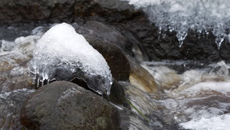 Isolierter-Eisiger-Felsen-In-Natürlichem-Wasserstrom,-Zeitlupe