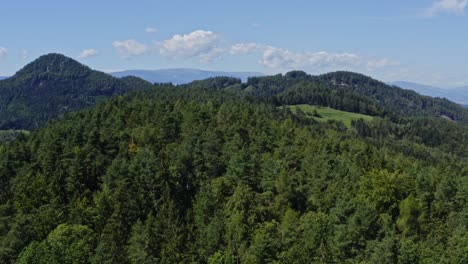 Kreisen-Sie-Die-Luftaufnahme-Der-Malerischen-Grünen-Landschaft-Mit-Hügeln-Und-Endlosem-Wald-Ein