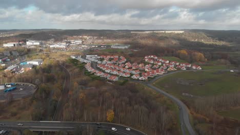 Aerial-view-flying-over-suburban-houses-in-Gothenburg,-Sweden