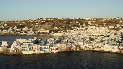Mykonos-town-smooth-cinematic-drone-aerial-shot-on-the-seafront-in-4k