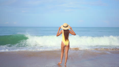 A-healthy,-fit,-sexy-woman-in-a-bathing-suit-with-her-back-to-the-camera-watches-a-large-wave-rollup-on-the-beach