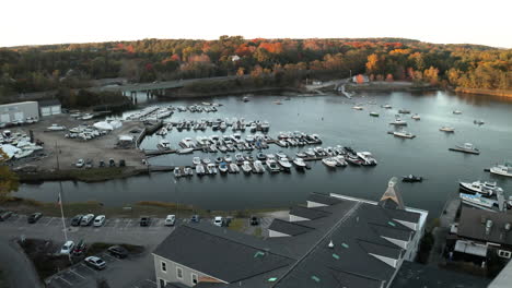 Aerial-Drone-footage-of-boat-yard-at-Royal-River,-Yarmouth,-Maine,-USA
