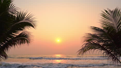 Silhouette-Romantische-Aufnahme-Von-Zwei-Palmenzweigen-Auf-Einem-Goldenen-Orangefarbenen-Himmel-Mit-Sonnenuntergang-über-Dem-Ruhigen-Ozean