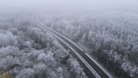 Icy-Sweden-Highway-Road-in-the-Wintertime---Aerial-Establishing