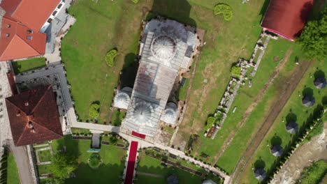 Mileševa-Monastery-in-Serbia,-traditional-architecture-aerial-top-down-view