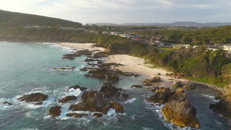 Forster-town-on-New-South-Wales-Australian-coastline,-aerial-sunset-landscape