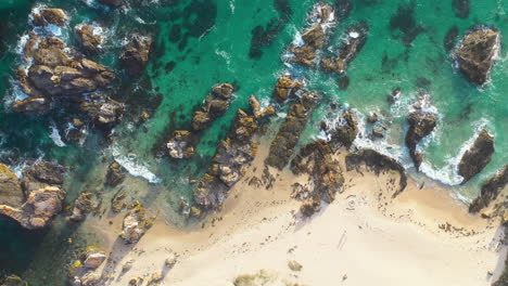 Aerial-top-down-view-over-rocky-beach,-tropical-landscape