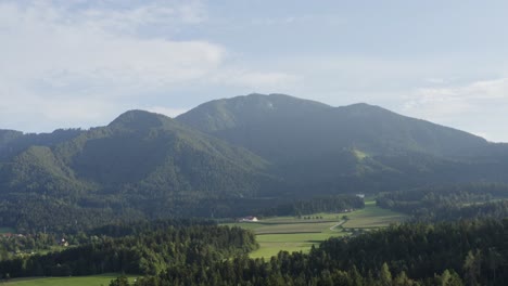 Aerial-side-track-shot-of-mountain,-forest,-and-fields-in-Kotlje