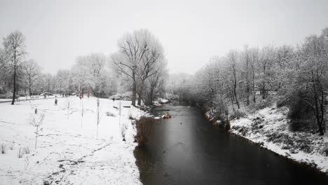 Winterlandschaftsansicht-Des-Flusses-Mit-Bäumen-Und-Wanderern-Unter-Grauem-Himmel