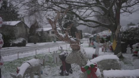 Close-of-footage-of-a-reindeer-Christmas-lawn-decoration-during-a-light-snowfall-in-a-residential-neighborhood-in-British-Columbia-Canada