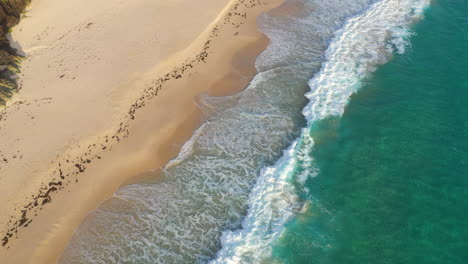 Tropical-sea-waves-breaking-on-yellow-sand-beach,-aerial-background-landscape