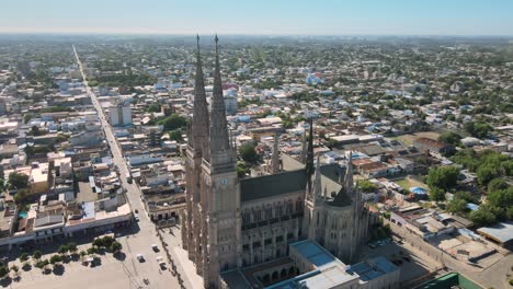 Aerial-view-of-the-majestic-Lujan-Basilica-in-Buenos-Aires,-Argentina