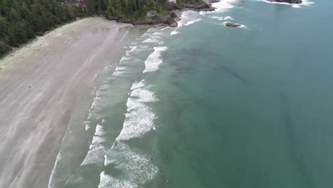 Aerial-View-of-Middle-Beach,-Vancouver-Island,-Canada,-Popular-Surfing-Spot-in-British-Columbia
