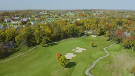 High-Aerial-View-Above-Private-Golf-Course,-Fall-Landscape-Suburban-Neighborhood