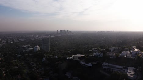 Aerial-wide-shot-of-Century-City-skyline-in-Los-Angeles