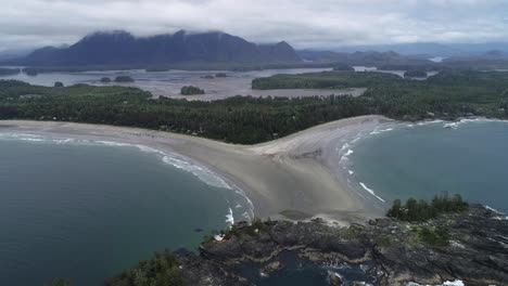 Aerial-View,-Sandy-Lagoon-and-Green-Forest-on-Coast-of-Vancouver-Island,-Canada