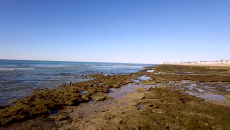 Aerial-flyover-the-exposed-intertidal-beach-Rocky-Point,-Puerto-Peñasco,-Gulf-of-California,-Mexico