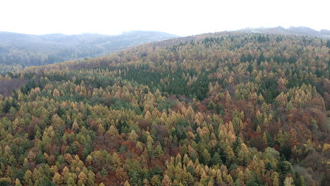 Aerial-shot-of-hilly-forest-landscape-in-autumn-in-Czech-Republic