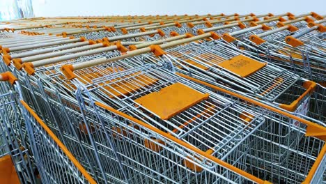 Panning-shot-of-shopping-trollies-lying-vacant-at-the-shopping-mall-due-to-Covid