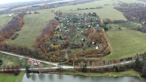 Picturesque-village-surrounded-by-trees,by-a-road-and-a-pond,Czechia