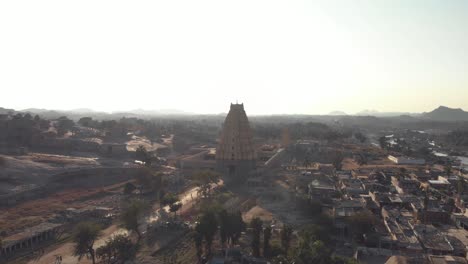 Aerial-view-of-Virupaksha-Temple-in-Hampi,-UNESCO-world-heritage-site,-Karnataka,-India