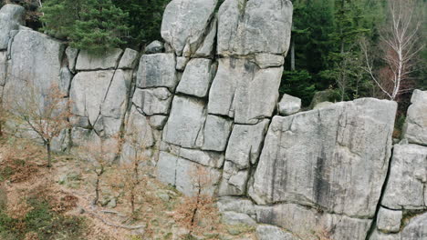 Riesiges-Steinmauermassiv,-Dahinter-Ein-Herbstlicher-Nadelwald,-Tschechien