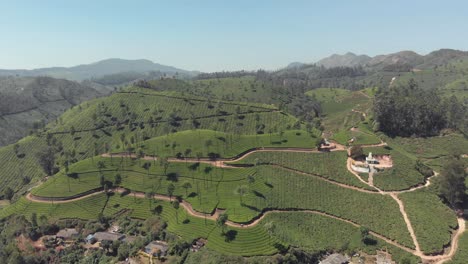 Tea-culture-plantation-and-dirt-trails-covering-the-small-hills-in-the-beautiful-landscape-of-Munnar,-India---Aerial-Panoramic-establishing-shot
