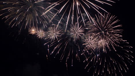 Feliz-Celebración-De-Año-Nuevo,-Fuegos-Artificiales-Mágicos-Explotando-En-El-Cielo-Nocturno