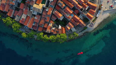 Coastal-Korčula-in-Croatia,-popular-old-town-tourist-destination,-aerial-view
