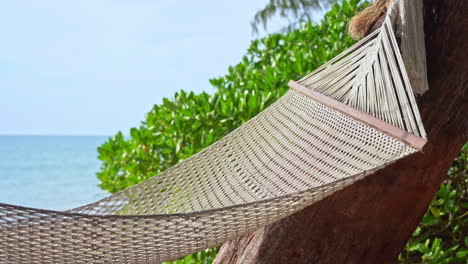 Empty-hammock-on-beach-with-sea-in-background