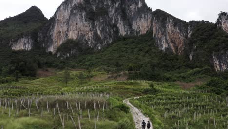 Mountain-rock-climbers-hiking-towards-Chinese-karst-mountain-precipice,-aerial