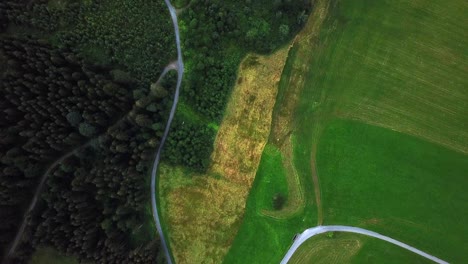 Aerial-top-view-of-a-mountain-road-going-through-green-fields-and-forest-trees