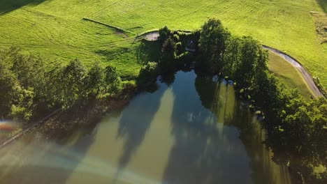 Aerial-shot-of-a-pond-surrounded-by-trees-on-an-Austrian-mountain-valley