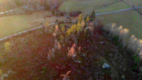 Aerial-View-of-Winter-Sunset-over-Rural-House-and-Tall-Trees
