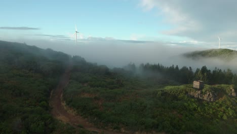Dreamy-mist-above-evergreen-forest-on-top-of-mountains-with-wind-turbines,-drone
