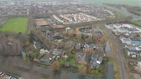 Aerial-of-beautiful-suburban-neighbourhood-in-rural-Holland