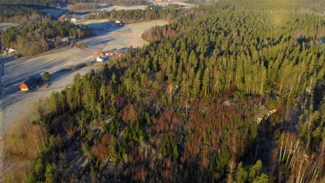 Luftbild-Vom-Kleinen-Schwedischen-Bauernhof-Mit-Feldern-Und-Herbstwald-Mit-Bunten-Bäumen