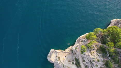 Persona-Nadando-En-La-Costa-Rocosa-Croata,-Makarska,-Vista-Aérea-De-Arriba-Hacia-Abajo