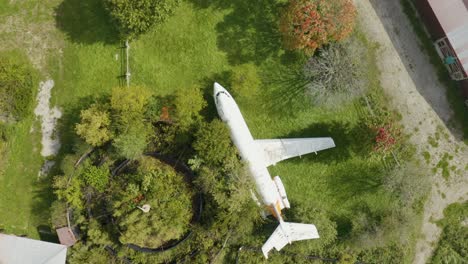 Birds-Eye-Aerial-View-of-Abandoned-Aeroplane-in-Green-Shrubbery