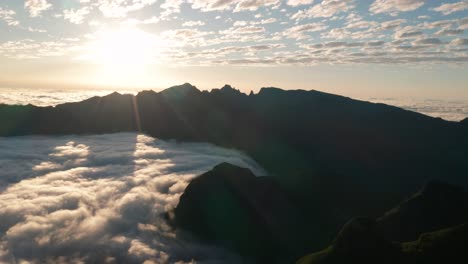 Serene-landscape-early-morning-sunrise-at-high-mountains-of-Madeira,-aerial