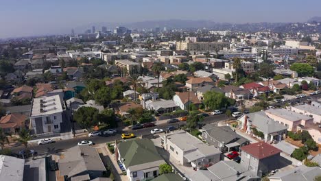 Aerial-reverse-shot-of-East-Hollywood-neighborhood