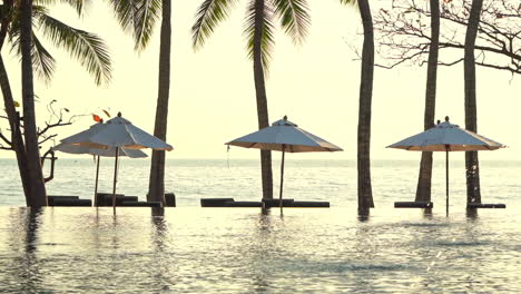 The-infinite-edge-of-a-resort-pool,-palm-trees,-and-shade-umbrellas-lead-out-to-the-ocean-horizon