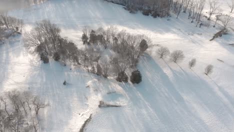 Drone-video-footage-reveals-sledders-traipsing-through-the-snow-on-a-post-blizzard-golf-course,-with-fir-trees-and-course-features-in-view