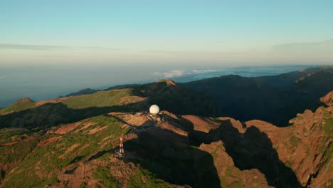 Aerial-of-white-ball-military-radar-station-on-top-of-mount-Pico-do-Arieiro