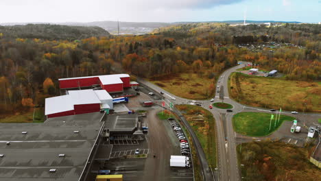 Aerial-view-from-Swedish-roundabout-with-cars-on-the-road