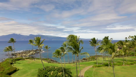 Footpath-among-palm-trees-on-coast-of-Maui-Island,-Hawaii