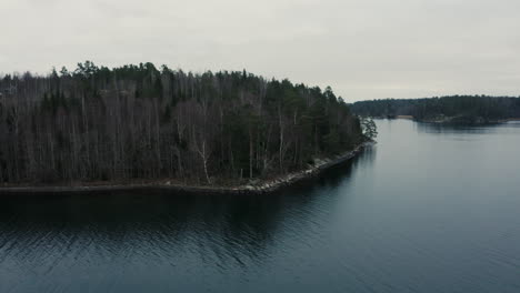 Forest-and-shoreline-in-Swedish-archipelago,-drone-aerial-autumn-day